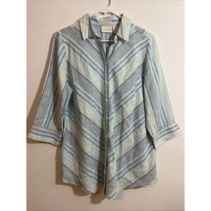 Chicos 1 Linen Button Up Shirt Striped Blue Green White No Iron Beachy Coastal